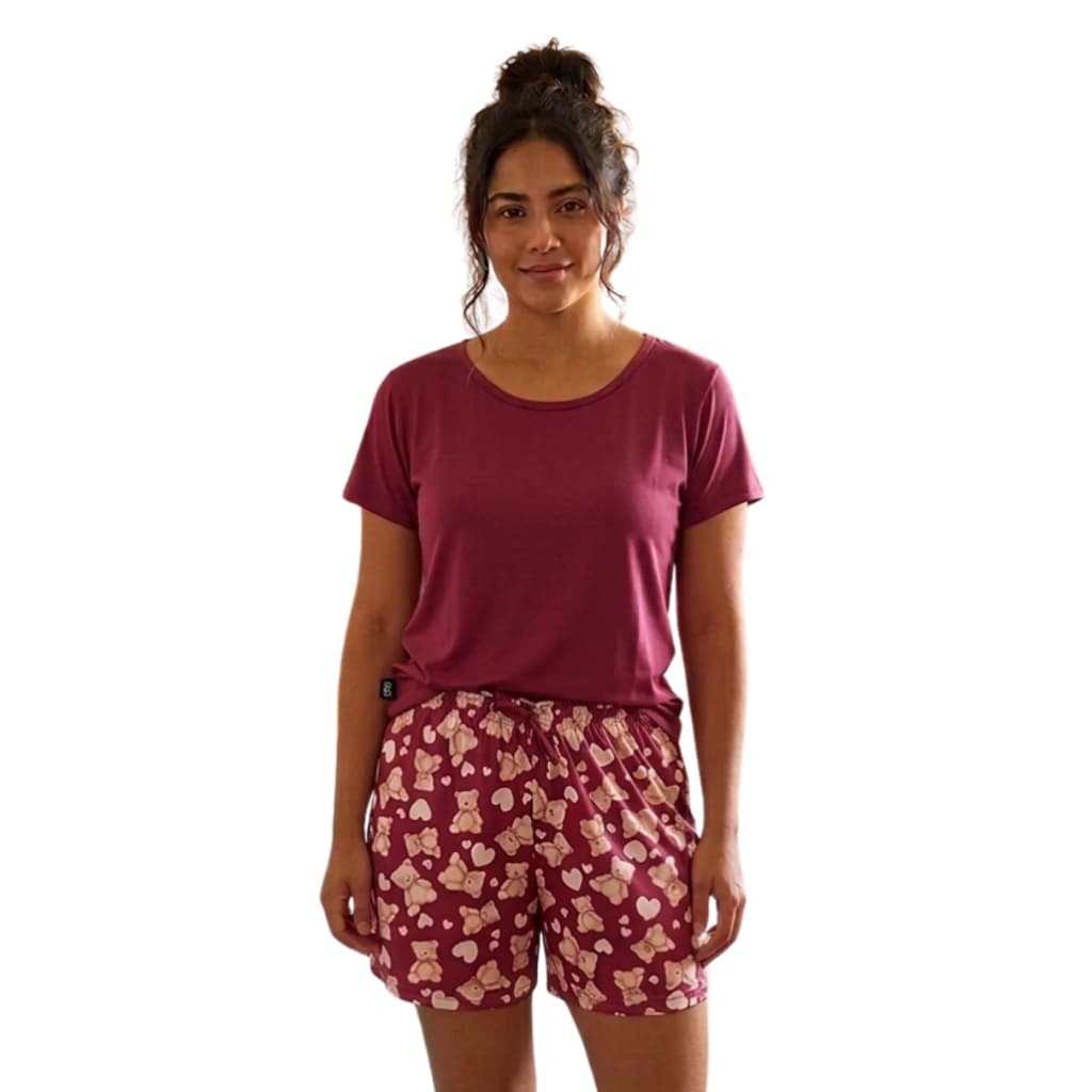 Pijama Feminino Bermuda Manga Curta Ursinho Bordô — imagem 1