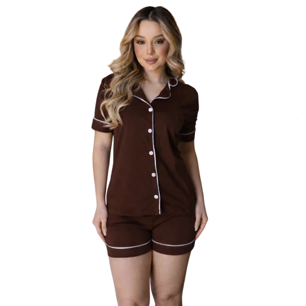 Pijama Feminino Americano Short Manga Curta Café — imagem 1