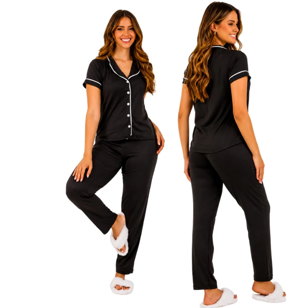 Pijama Feminino Americano Calça e Manga curta Preto — imagem 1