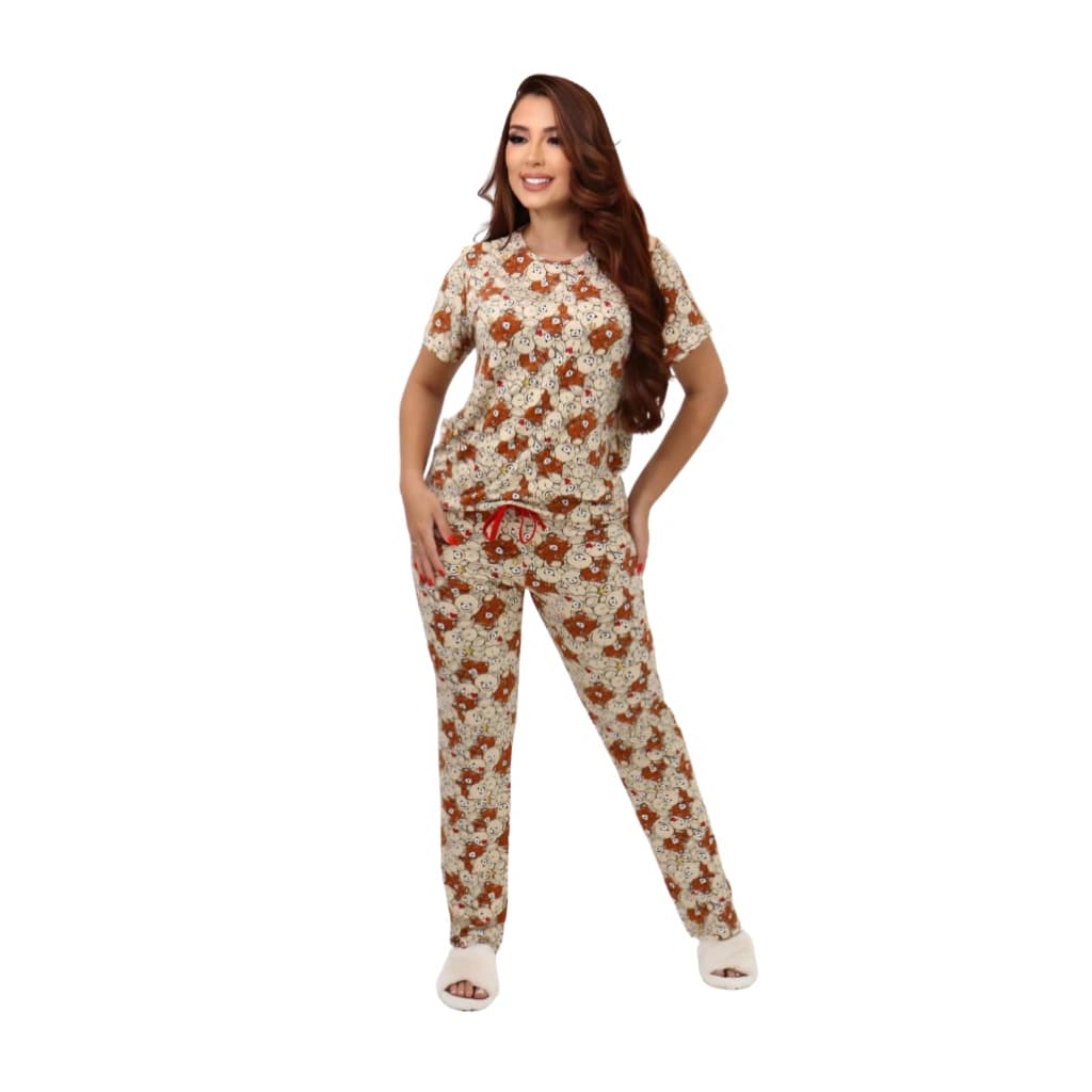 Pijama Feminino Calça Manga Curta Urso Marron — imagem 1