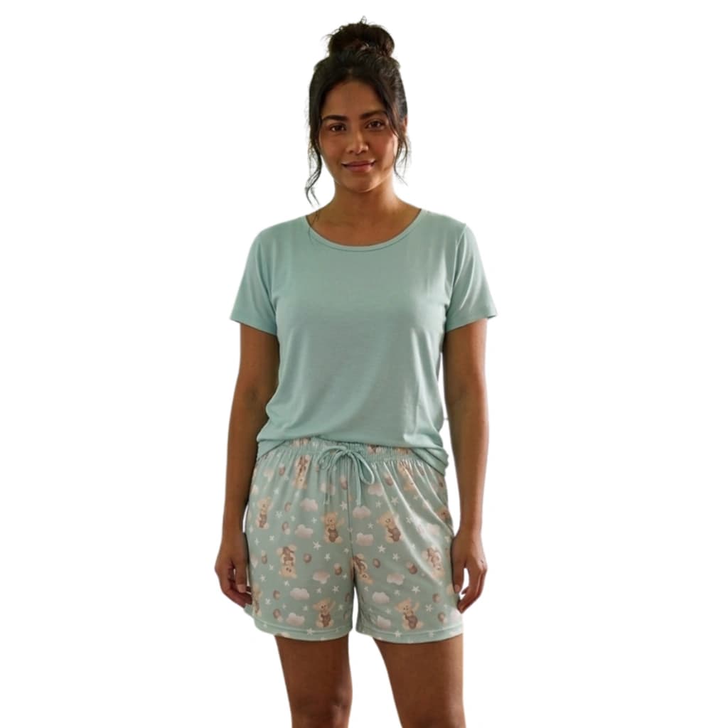 Pijama Feminino Bermuda Manga curta Ursinho Verde — imagem 1