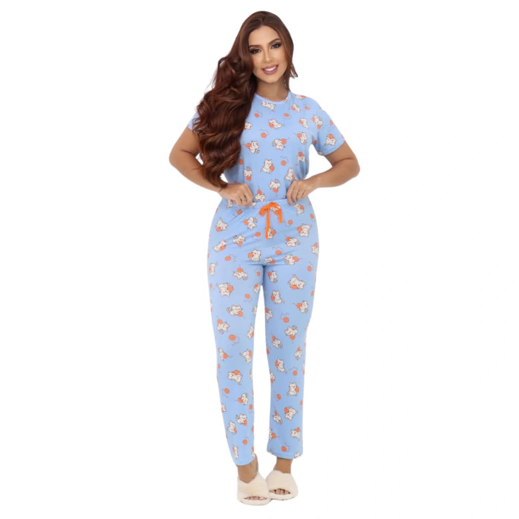 Pijama Feminino Calça Manga Curta Gatinho — imagem 1