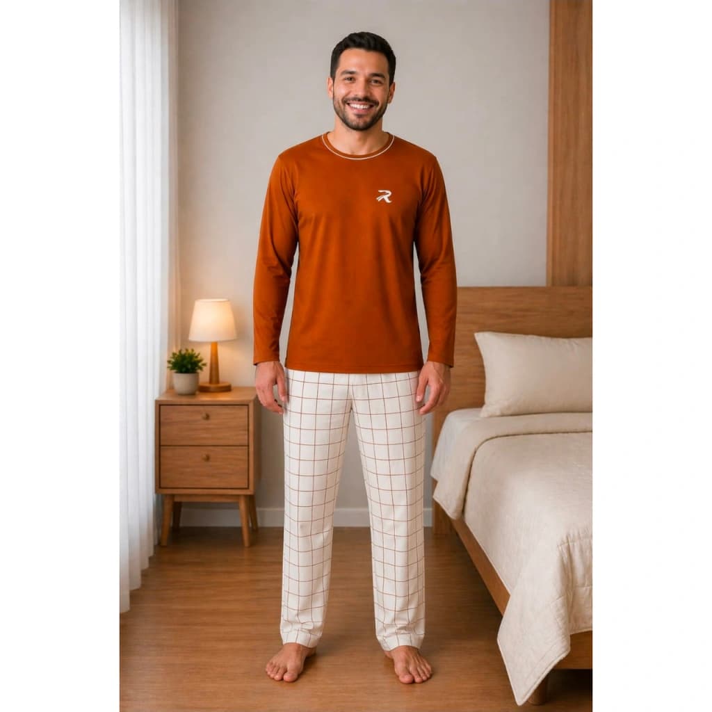Pijama Masculino Xadrez Marron — imagem 1
