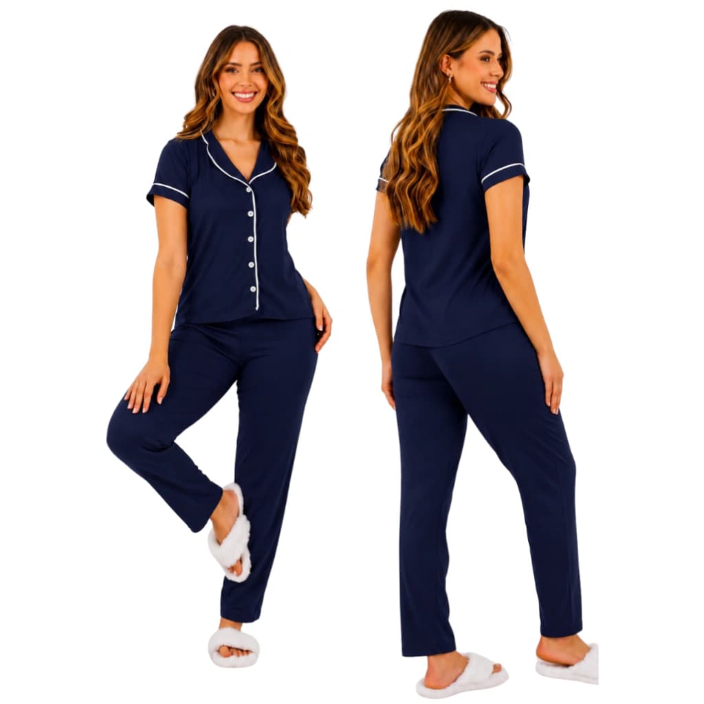 Pijama Feminino Americano Calça e Manga curta Marinho — imagem 1