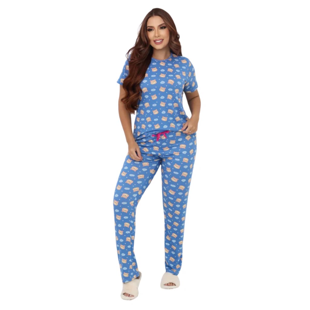 Pijama Feminino Calça Manga Curta Urso Azul Claro — imagem 1